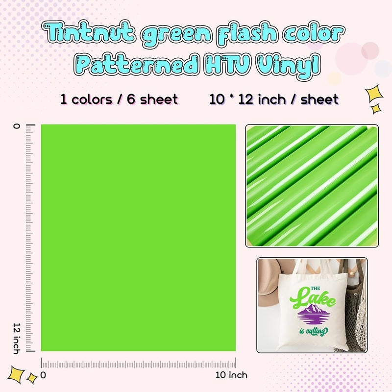 Tintnut Green Flash Color Heat Transfer Vinyl -6 Sheets 12"x10" Bright Color Iron on Vinyl for T-Shirts Clothing Bags HTV Vinyl for All Cutting Machine - Image 2